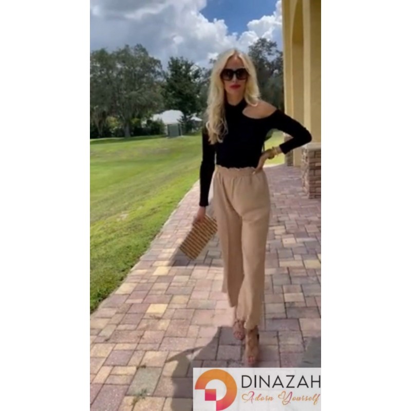 Dinazah Palazzo 여성용 바지 하이 웨이스트 와이드 레그 신축성 있는 허리 Boho Comfy Work 캐주얼 라운지 Dressy Pant