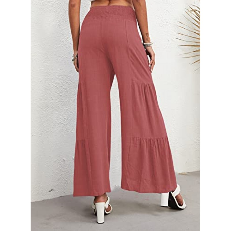 Nirovien Womens Summer Palazzo Pants 플리츠 하이 웨이스트 와이드 레그 팬츠 스모크 벨트 캐주얼 바지