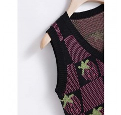 WDIRARA 여성용 브이넥 깅엄 딸기무늬 스웨터 조끼