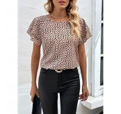 SOLY HUX 여성용 레오파드 프린트 프릴 반소매 블라우스 캐주얼 라운드 넥 튜닉 T 셔츠 여름 셔츠상의