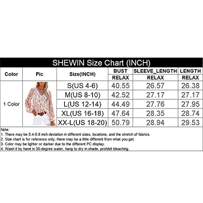 SHEWIN 여성 캐주얼 보호 꽃 프린트 V 넥 긴 소매 루즈 블라우스 셔츠 탑