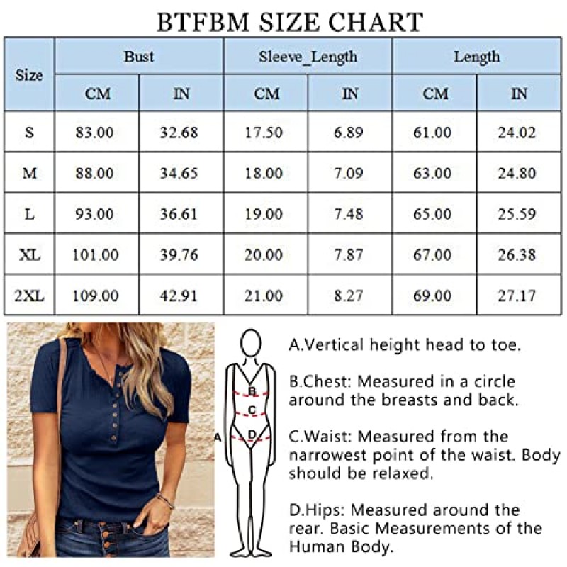 BTFBM 여성 2023 여름 헨리 튜닉 탑 V 넥 반소매 단추 UP 솔리드 슬림 피트 캐주얼 리브 니트 셔츠 블라우스