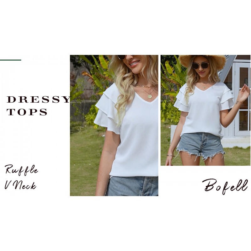 Bofell Womens Tops Dressy 캐주얼 러플 슬리브 V 넥 여름 셔츠 및 블라우스