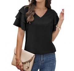 Bofell Womens Tops Dressy 캐주얼 러플 슬리브 V 넥 여름 셔츠 및 블라우스