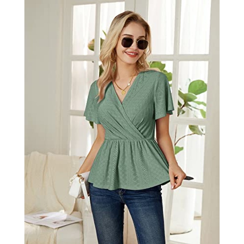 GRACE KARIN Womens 랩 탑 V 넥 아일렛 탑 프릴 슬리브 Peplum 블라우스 2023 여름 캐주얼 T 셔츠