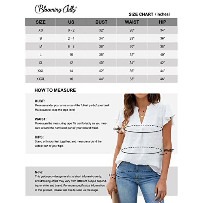 Blooming Jelly Womens 화이트 블라우스 V 넥 프릴 슬리브 Flowy Shirts Dressy 캐주얼 귀여운 여름상의