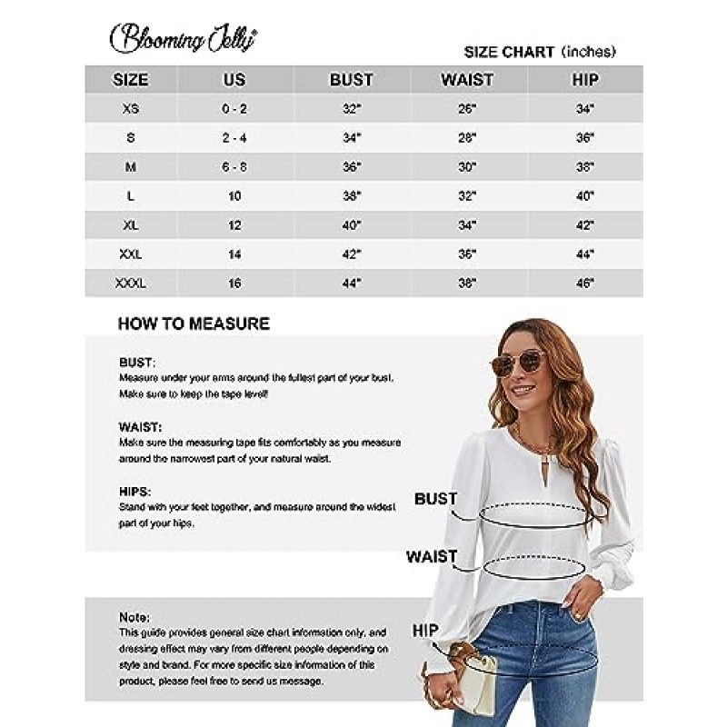 Blooming Jelly Womens 긴 소매 Dressy 캐주얼 탑 V 넥 퍼프 슬리브 셔츠 Keyhole 블라우스 2023