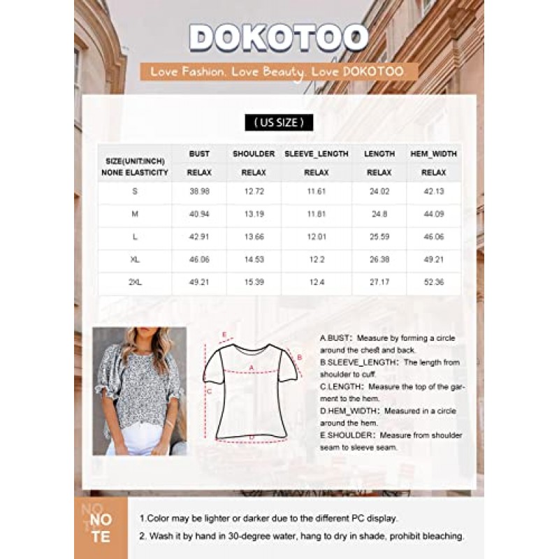 Dokotoo 여성용 꽃 프린트 블라우스 Crewneck Smocked 퍼프 슬리브 셔츠 캐주얼 Babydoll 탑