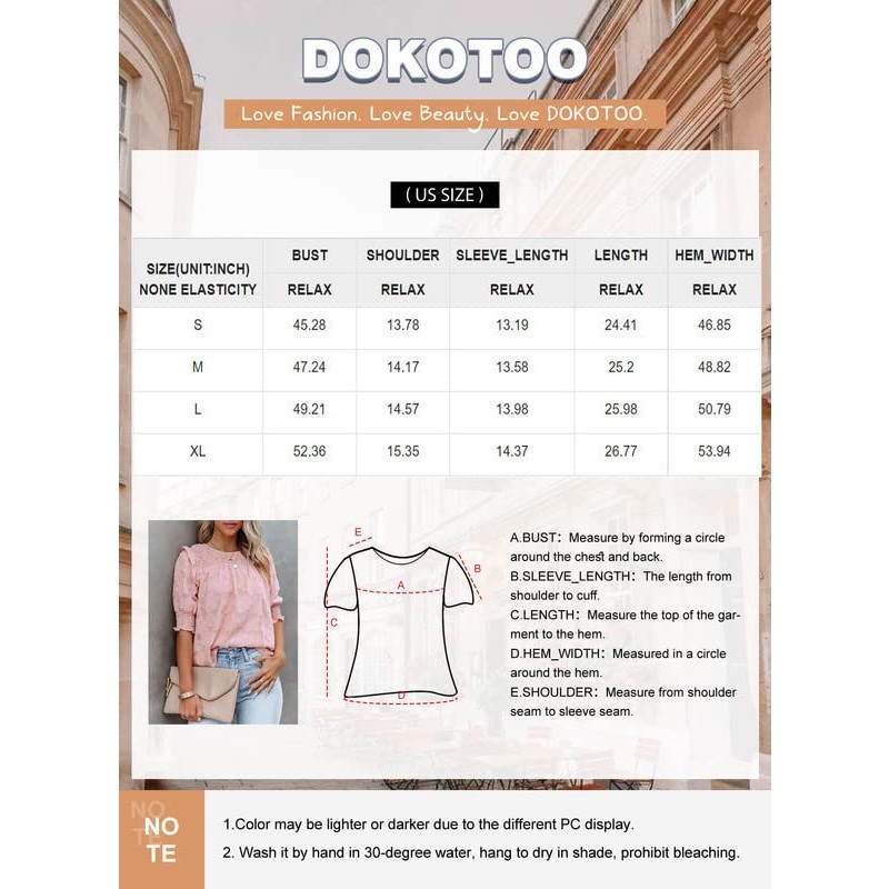 Dokotoo Womens 블라우스 하프 슬리브 셔링 탑 크루넥 레이스 질감 플로위 캐주얼 셔츠