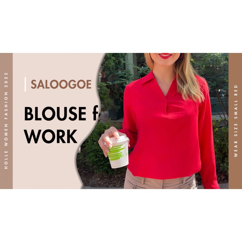 Saloogoe Womens 시폰 블라우스 비즈니스 Dressy 캐주얼 셔츠 V 넥 긴 소매 튜닉상의