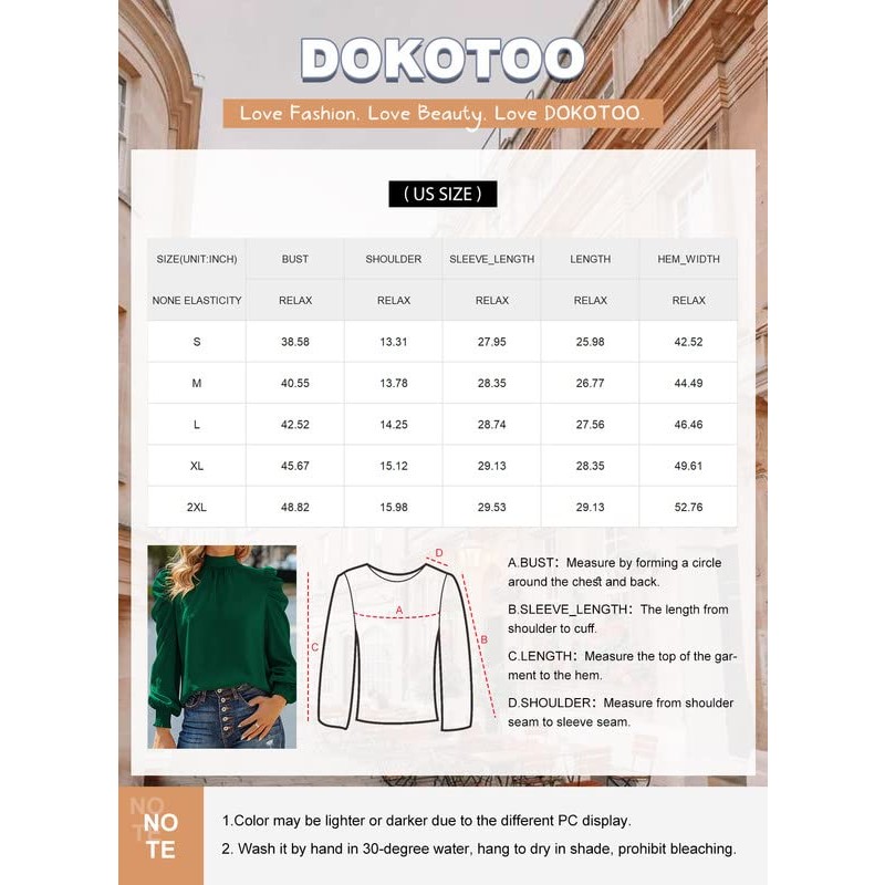 Dokotoo Womens 2023 긴 소매 하이 넥 퍼프 긴 소매 캐주얼 루즈 셔츠 탑과 블라우스