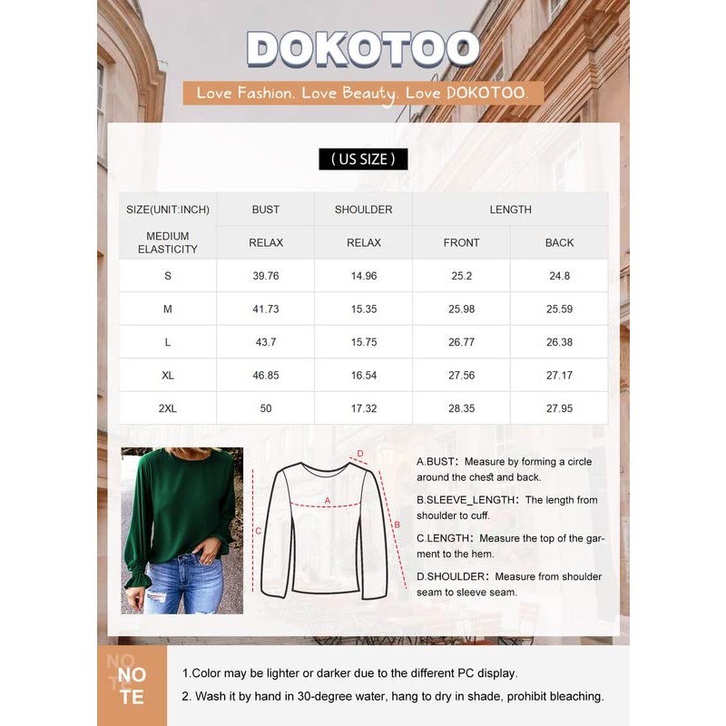 Dokotoo Womens 2023 여름 긴 소매 프릴 버블 슬리브 캐주얼 루즈 셔츠 탑과 블라우스