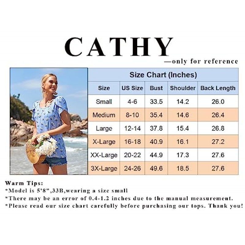 CATHY 여성 캐주얼 반소매 티셔츠 크루넥 튜닉 탑 루즈하고 편안한 티 블라우스 가볍고 귀여운