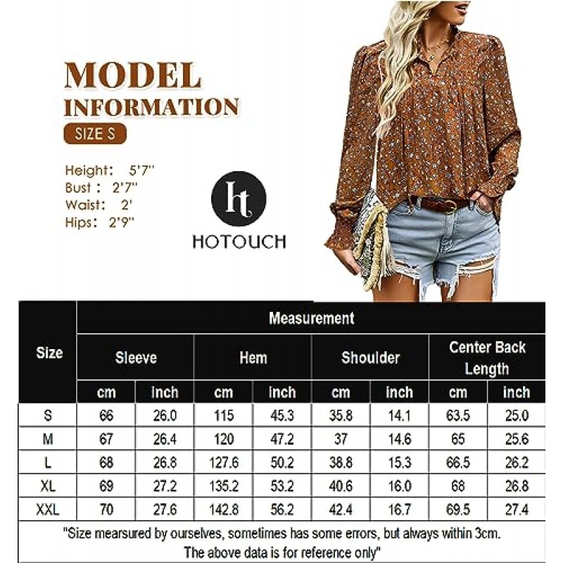 HOTOUCH Womens 긴 소매 탑 Boho 꽃 프린트 블라우스 캐주얼 V 넥 Pleated Drawstring Shirts