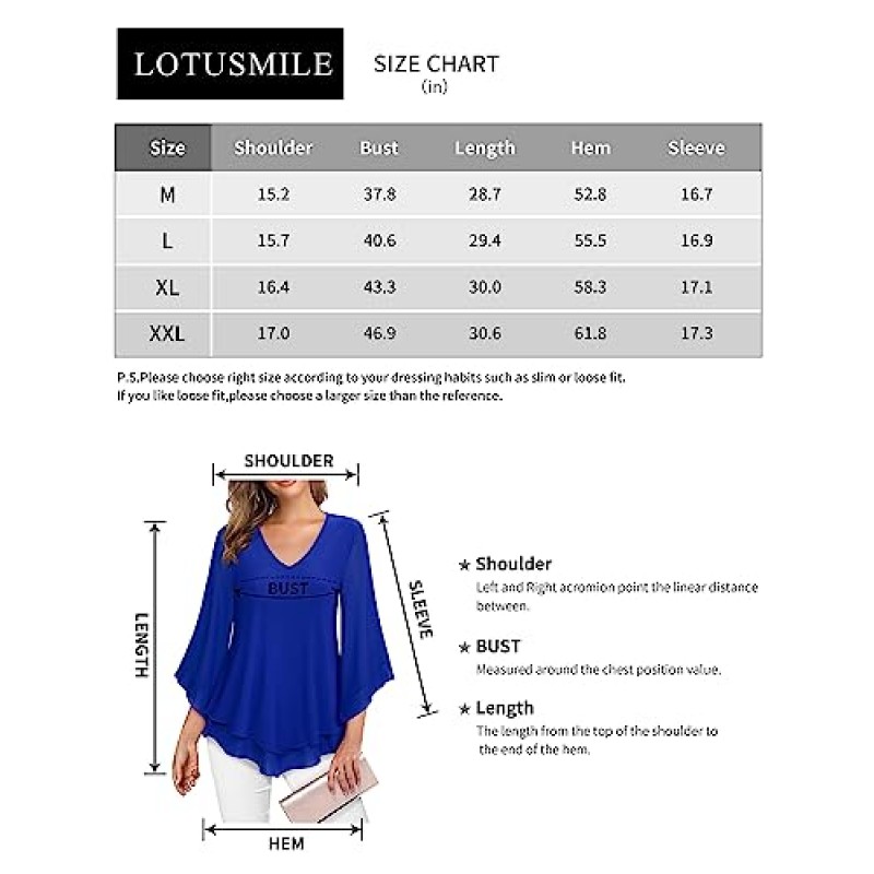 Lotusmile Womens Dressy 블라우스 더블 레이어 메쉬 셔츠 러플 3/4 플레어 슬리브 튜닉 탑