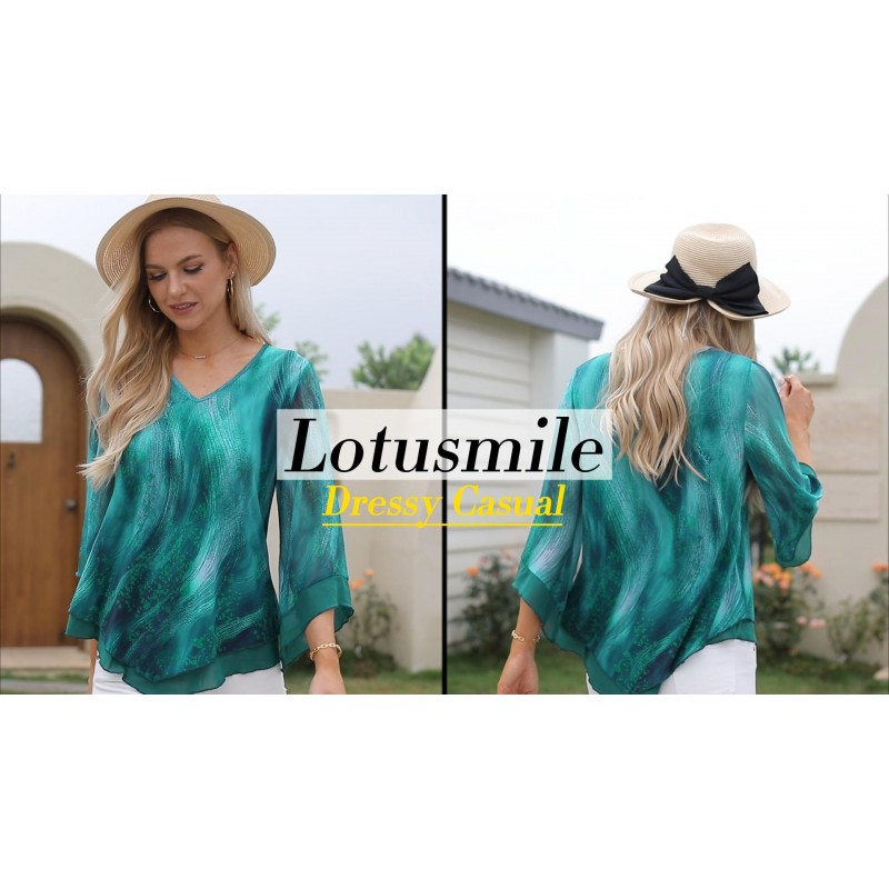 Lotusmile Womens Dressy 블라우스 더블 레이어 메쉬 셔츠 러플 3/4 플레어 슬리브 튜닉 탑