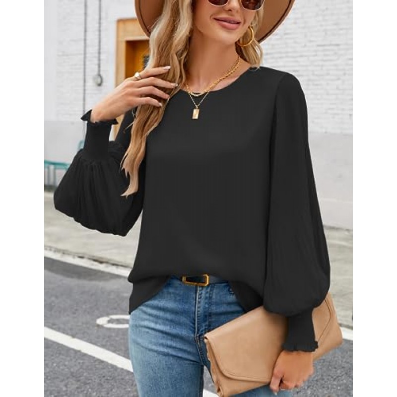 Aifer Womens Tops Dressy 캐주얼 크루 넥 Pleated Lantern 긴 소매 작업 셔츠 시폰 블라우스 패션 2023