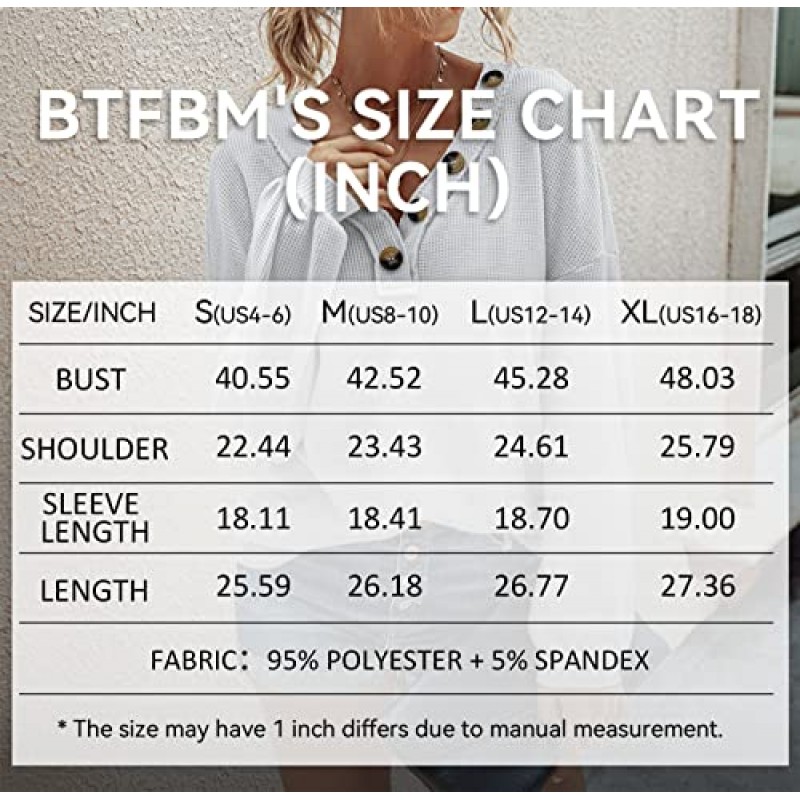 BTFBM 여성 와플 니트 셔츠 v 넥 긴 소매 캐주얼 슬러시 루즈 블라우스 일반 가짜 버튼 경량 풀오버