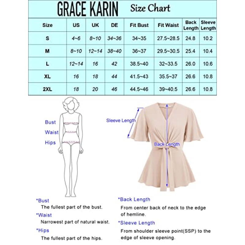 GRACE KARIN 2023 여성용 우아한 Peplum 탑 V 넥 타이 프론트 짧은 벨 슬리브 셔츠 탑 블라우스