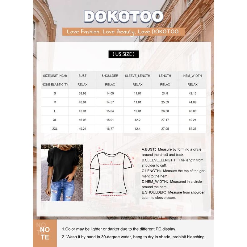 Dokotoo Womens 2023 여름 짧은 소매 프릴 퍼프 슬리브 캐주얼 루즈 셔츠 탑과 블라우스