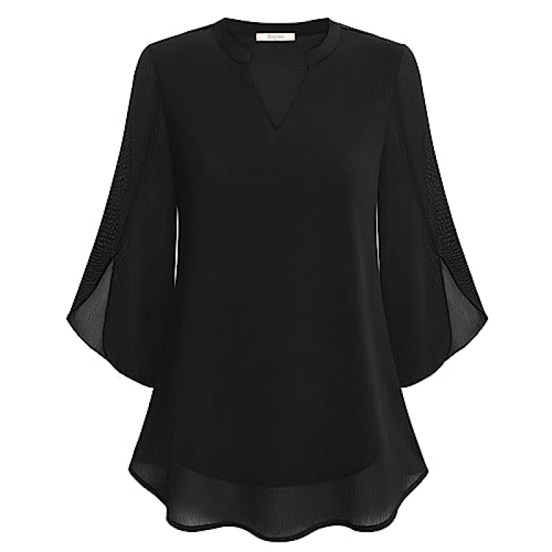 Bebonnie Womens Ruffle 3/4 슬리브 헨리 V 넥 더블 레이어 시폰 블라우스 탑