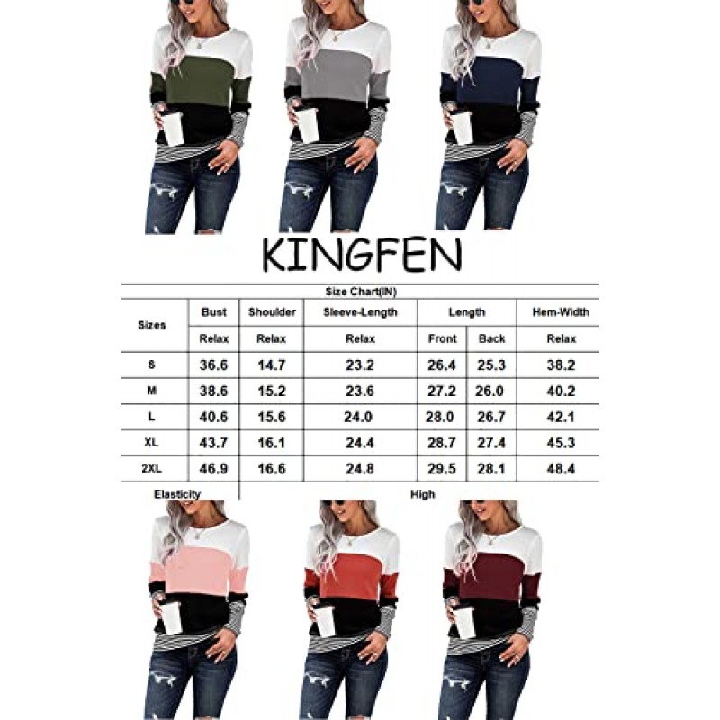 KINGFEN Womens 긴 소매 컬러 블록 탑 스트라이프 캐주얼 크루넥 T 셔츠 와플 니트 스웨터