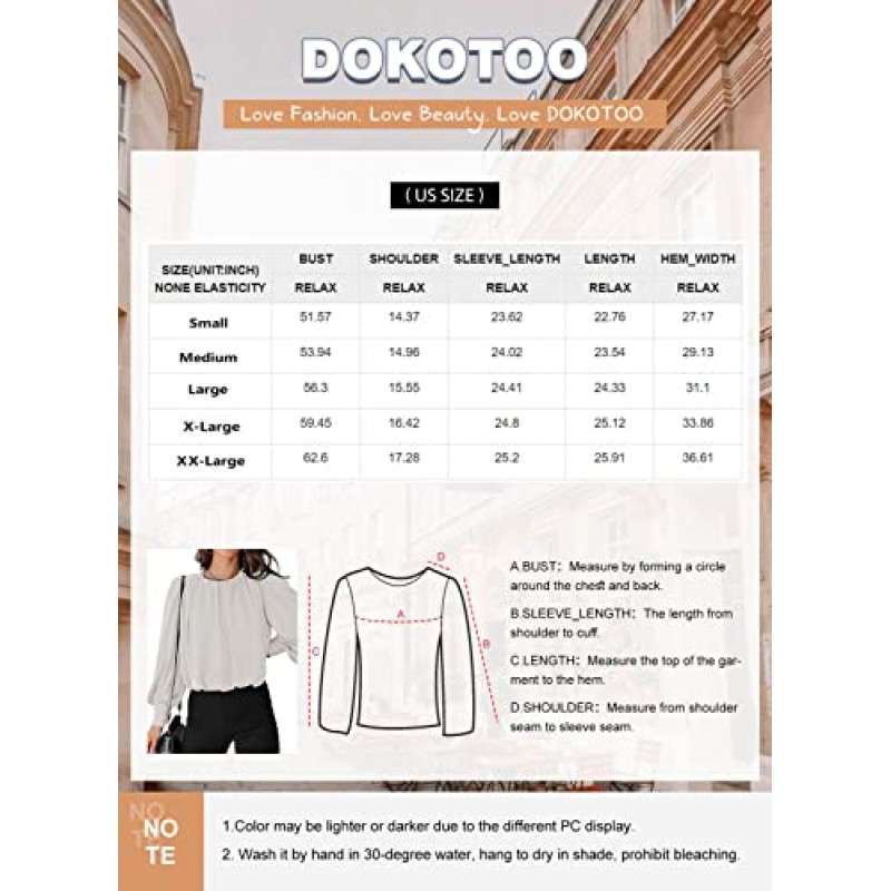 Dokotoo 여성 여름 캐주얼 솔리드 컬러 크루 넥 긴 소매 블라우스 셔츠 2023 트렌디 워크 비즈니스 보헤미안상의