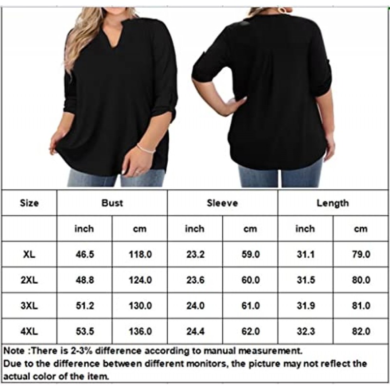 AMCLOS 여성용 플러스 사이즈 탑 V 넥 티셔츠 블라우스 캐주얼 소프트 플로위 튜닉 버튼이 있는 롱 롤 탭 슬리브