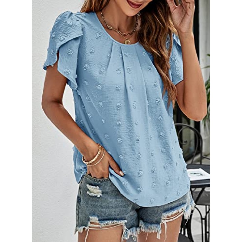 Beaully Womens Summer Tops 캐주얼 Boho 반소매 셔츠 Crewneck 레이스 크로 셰 뜨개질 시폰 블라우스 2023