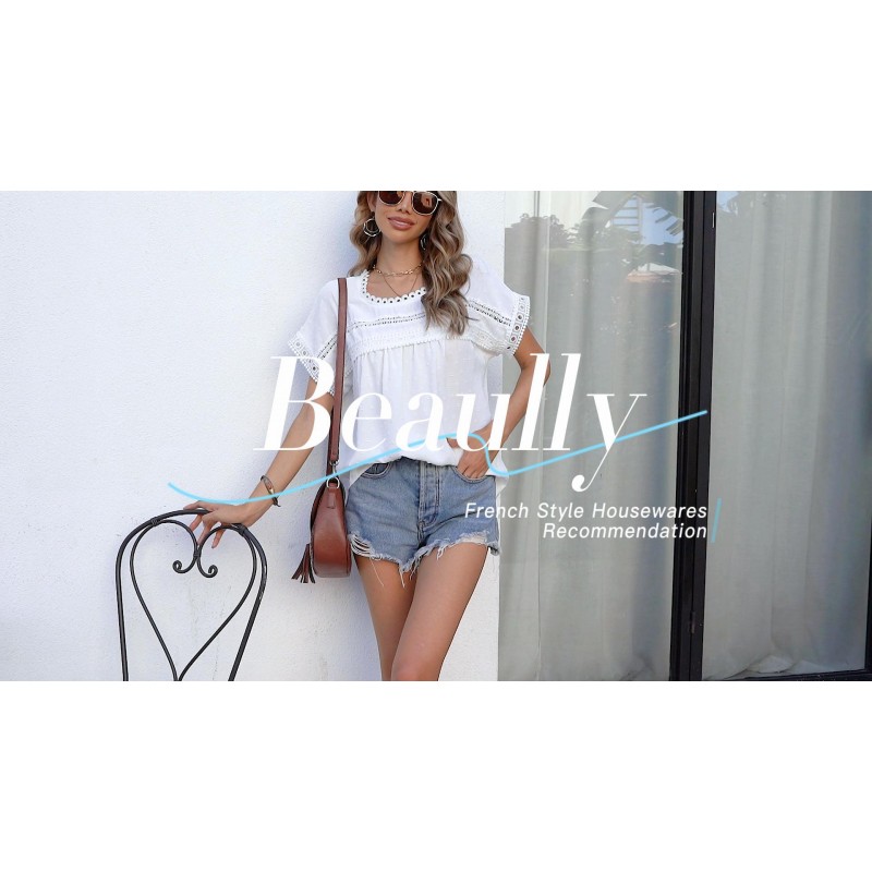 Beaully Womens Summer Tops 캐주얼 Boho 반소매 셔츠 Crewneck 레이스 크로 셰 뜨개질 시폰 블라우스 2023