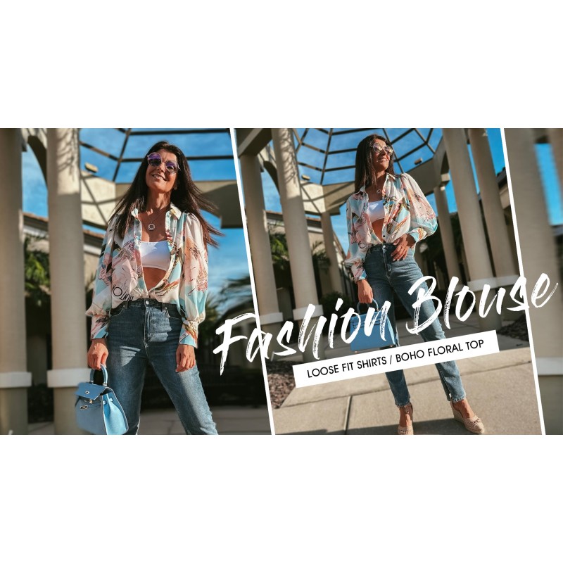 BTFBM 여성 패션 버튼 다운 셔츠 옷깃 V 넥 프린트 캐주얼 긴팔 블라우스 Boho Dressy Summer Fall Tops 2023