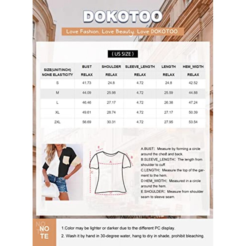 Dokotoo Womens 캐주얼 V 넥 반팔 셔츠 컬러 블록 백 버튼 다운 블라우스 탑