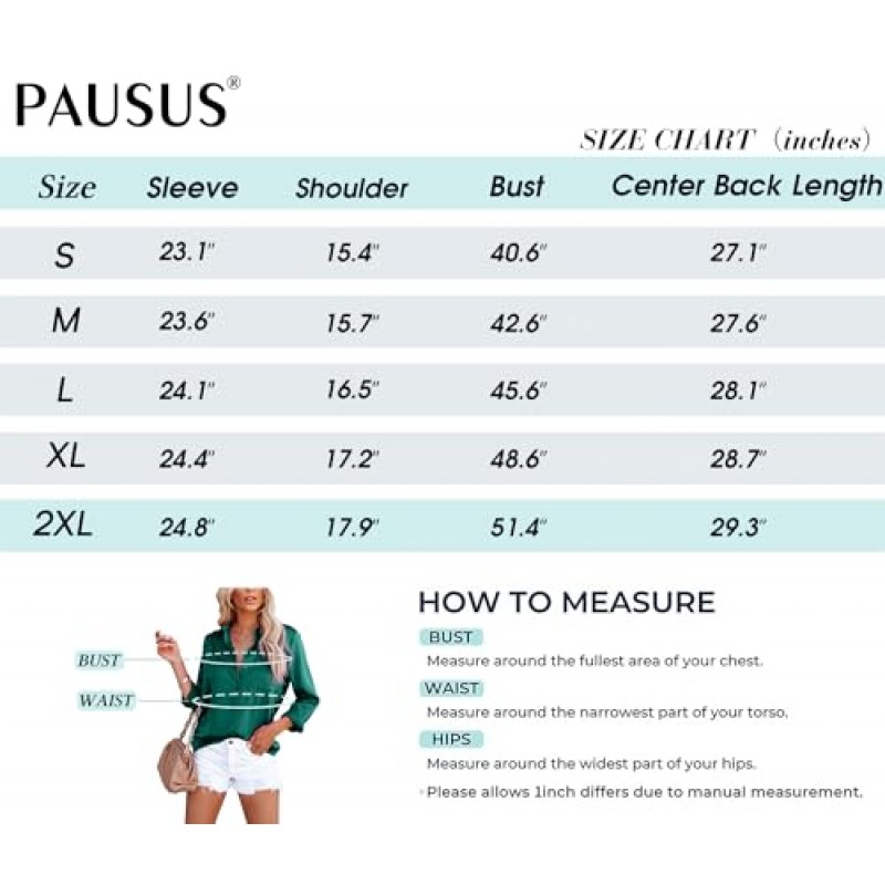 Pausus 새틴 버튼 다운 셔츠 여성용 긴 소매 오피스 슬림 피트 블라우스 캐주얼 비즈니스 실크 탑 포켓 S-XXL