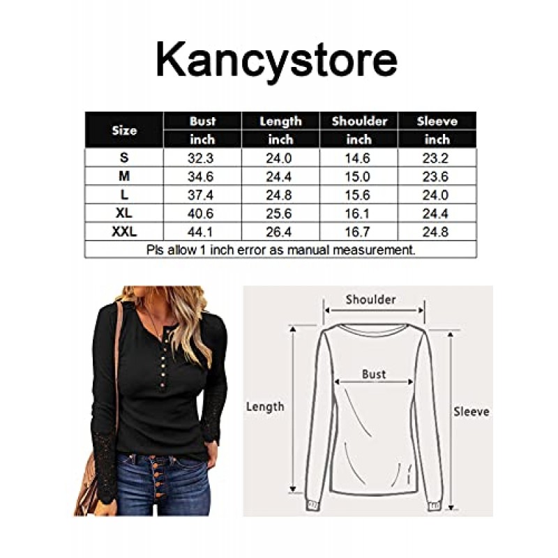 Kancystore 여성용 긴 소매 탑 레이스 V 넥 버튼 다운 헨리 셔츠 블라우스