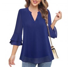 Lotusmile Womens Tops Dressy 캐주얼 3/4 티어드 벨 슬리브 블라우스 더블 레이어 시폰 작업 튜닉 셔츠