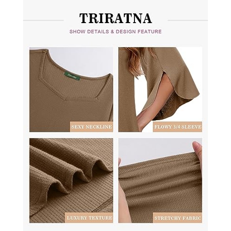 Triratna Womens Blouses Dressy 캐주얼 3/4 길이 소매 스퀘어 넥 탑 Sweetheart Neckline Shirts 튜닉 탑 루즈 피트