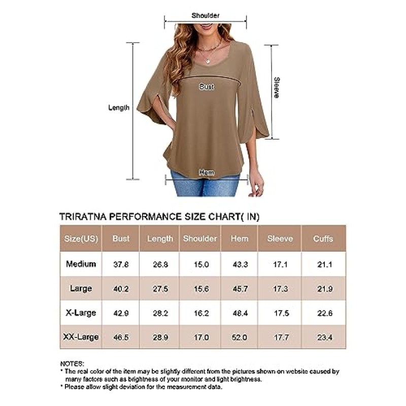 Triratna Womens Blouses Dressy 캐주얼 3/4 길이 소매 스퀘어 넥 탑 Sweetheart Neckline Shirts 튜닉 탑 루즈 피트