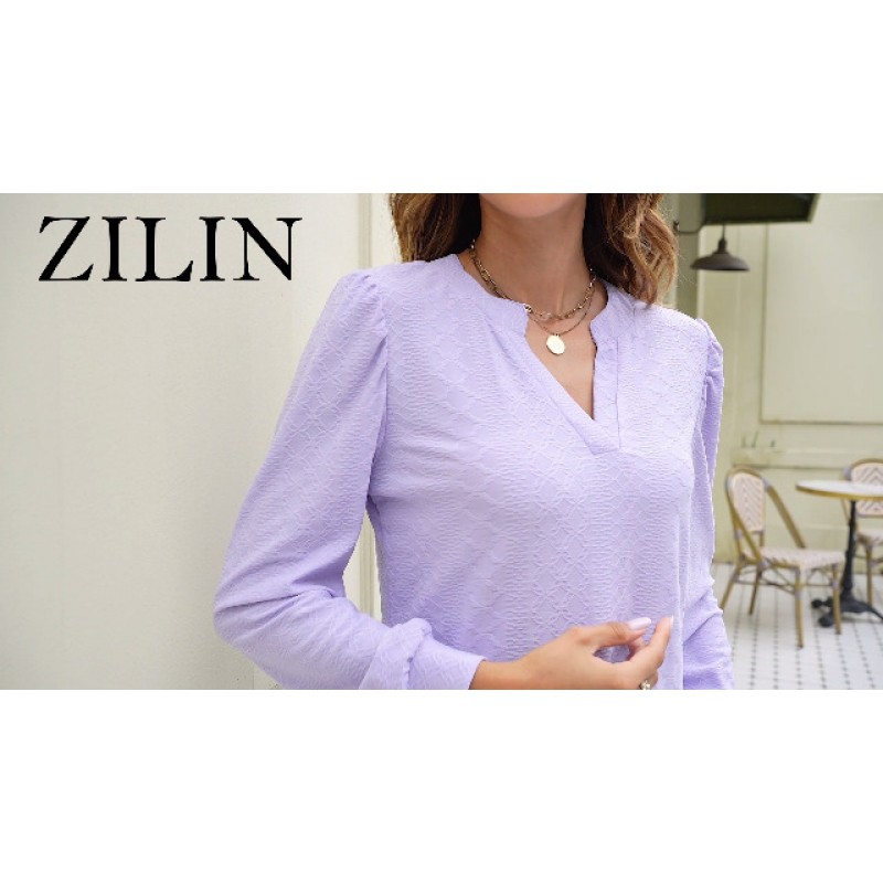 ZILIN Womens Tops Dressy 캐주얼 퍼프 긴 소매 V 넥 워크 셔츠 아일렛 루즈 튜닉 블라우스