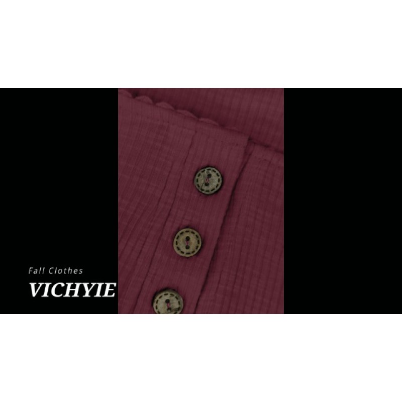 VICHYIE Womens 가을 옷 긴 소매 튜닉 레이스 슬리브 V 넥 버튼 셔츠 캐주얼 슬림 피트 블라우스