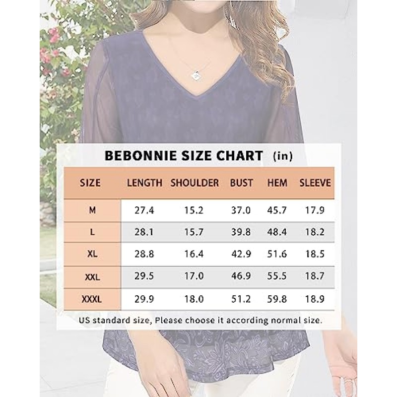 Bebonnie Womens Ruffle 3/4 슬리브 V 넥 더블 레이어 메쉬 블라우스 루즈 피트 플로위 튜닉 탑