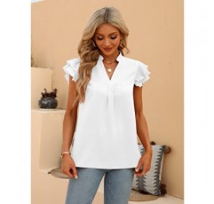 Sucolan Womens Summer Tops 노치 V 넥 귀여운 프릴 슬리브 블라우스 비즈니스 Dressy 캐주얼 셔츠