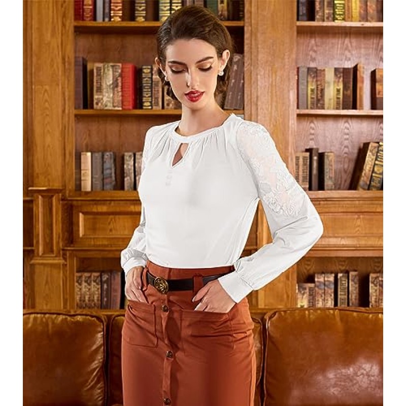 Belle Poque 여성용 레이스가있는 긴 소매 블라우스 Keyhole Round Neck Office Shirt 빈티지 작업 전문 캐주얼상의