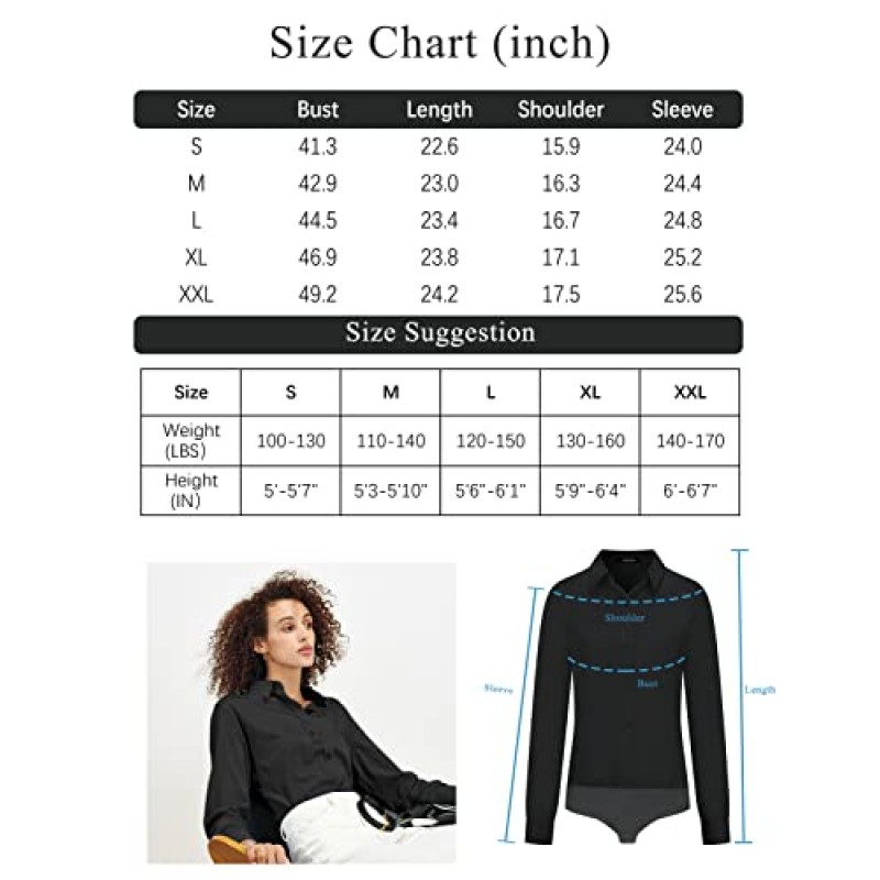 Tapata Womens Bodysuit 블라우스 버튼 다운 원피스 긴 소매 솔리드 사무 작업 셔츠 캐주얼 탑