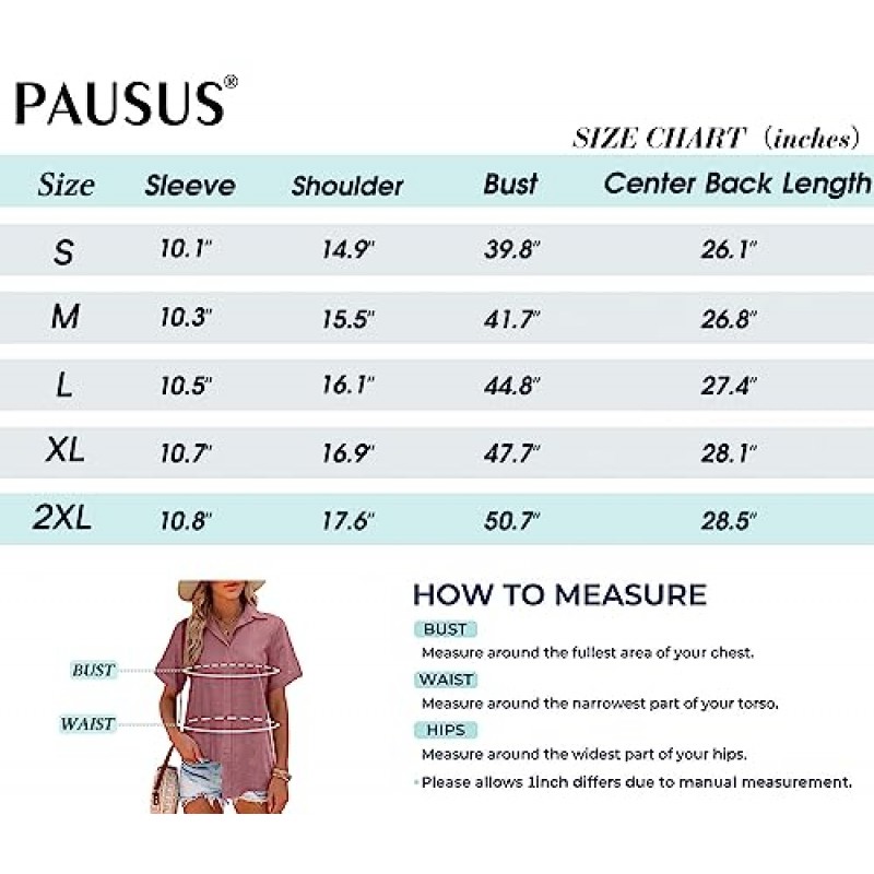 Pausus 여성 코튼 린넨 버튼 다운 셔츠 반소매 오피스 칼라 블라우스 V 넥 캐주얼 탑 루즈 피트 비치 셔츠