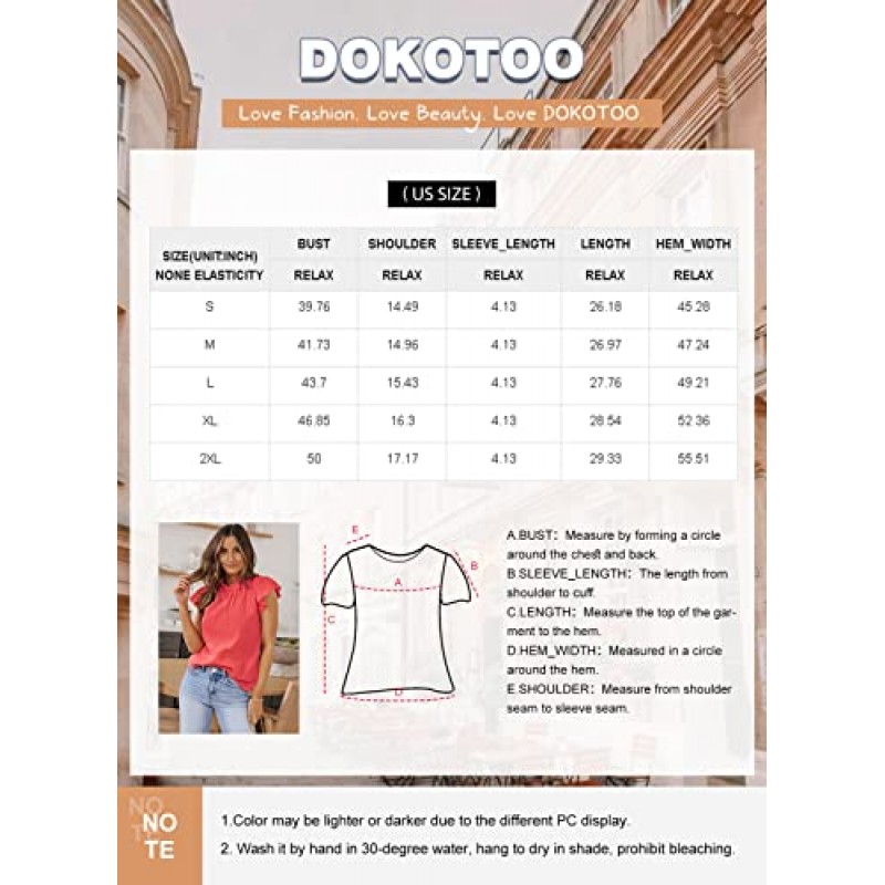 Dokotoo 여성용 캐주얼 블라우스 Crewneck Smocked Ruffle 반소매 Babydoll Womens Tops