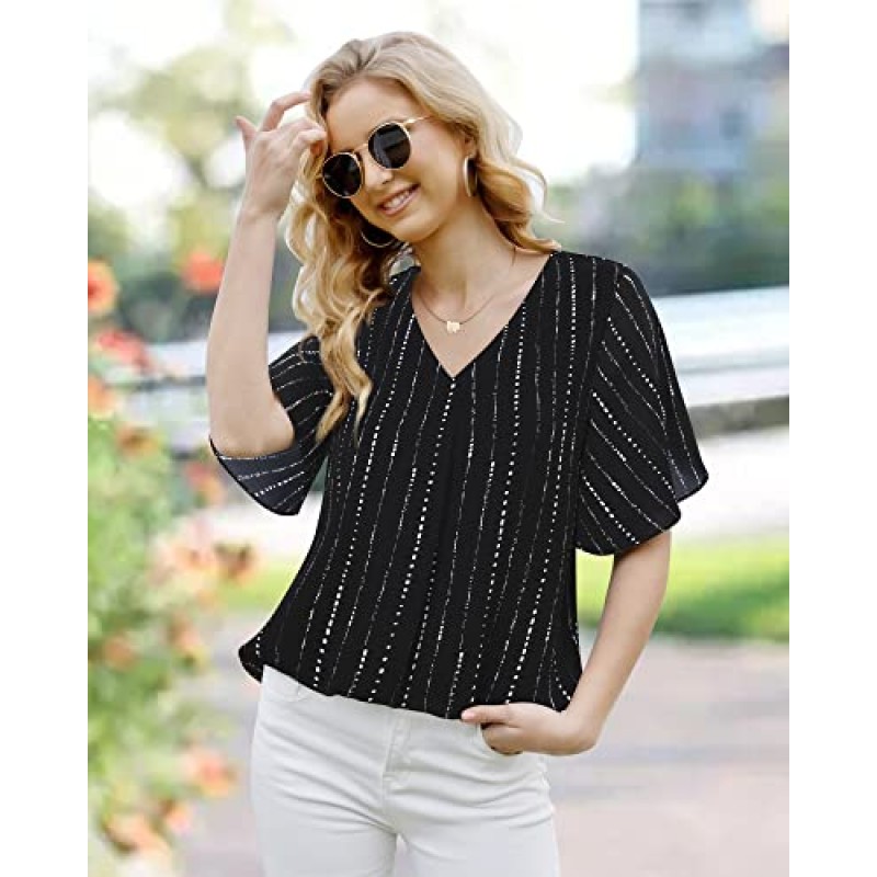 Bebonnie Womens Ruffle 반소매 캐주얼 루즈 V 넥 시폰 블라우스 Flowy Dressy Tops