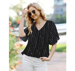 Bebonnie Womens Ruffle 반소매 캐주얼 루즈 V 넥 시폰 블라우스 Flowy Dressy Tops