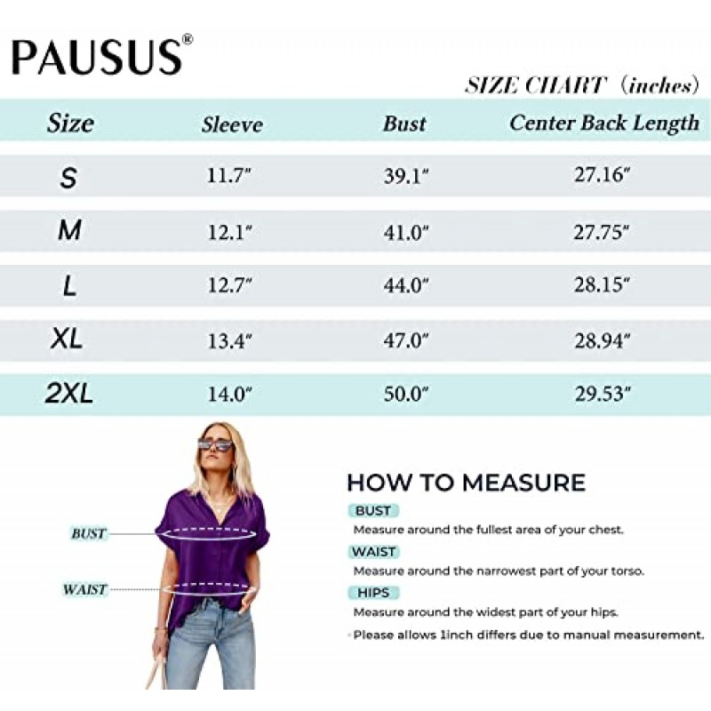 Pausus 새틴 버튼 다운 셔츠 여성용 반팔 오피스 블라우스 캐주얼 비즈니스 실크 탑 슬림 피트