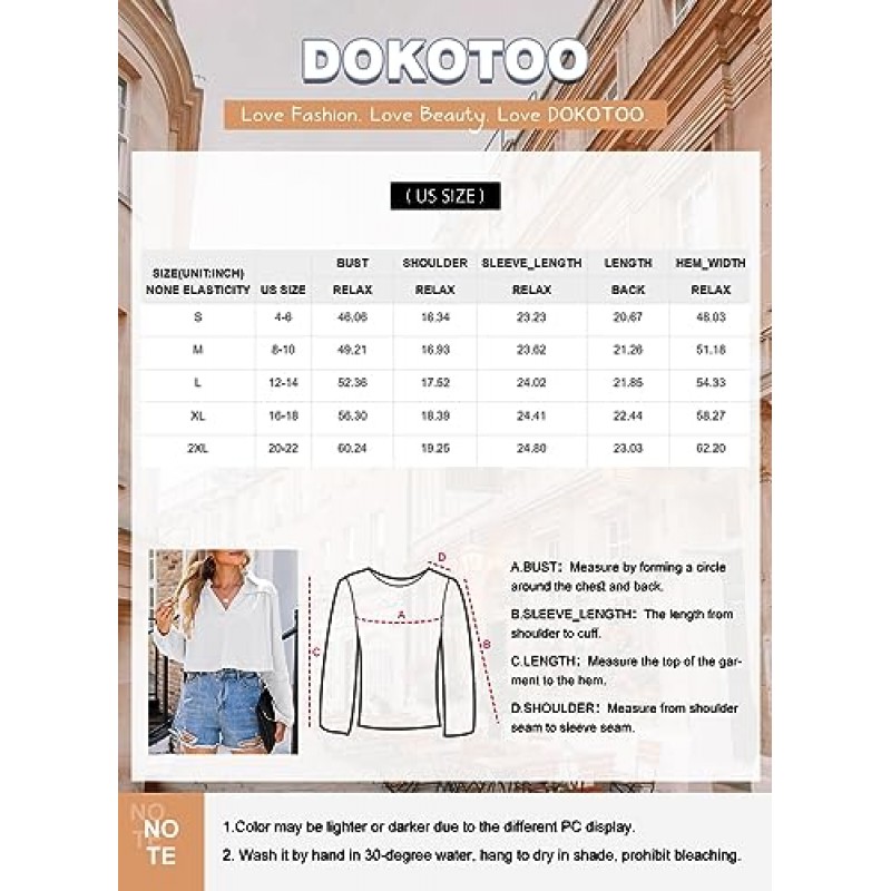 Dokotoo Womens Tops Dressy 캐주얼 V 넥 긴 소매 솔리드 크롭 탑 블라우스