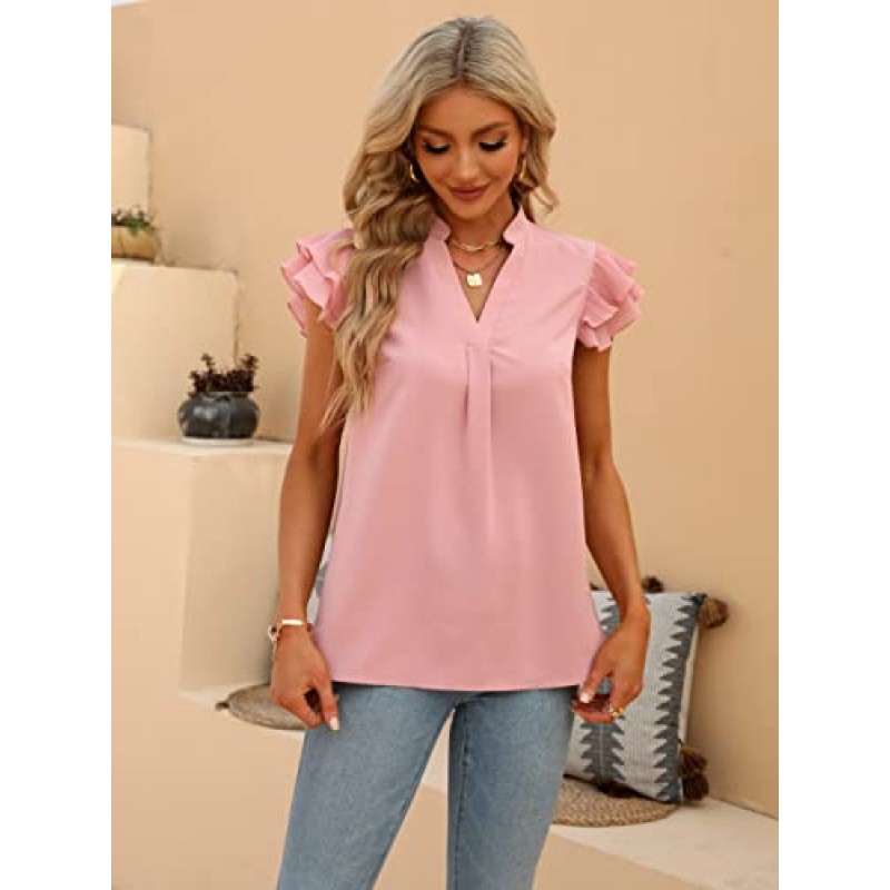 Sucolan Womens Summer Tops 노치 V 넥 귀여운 프릴 슬리브 블라우스 비즈니스 Dressy 캐주얼 셔츠